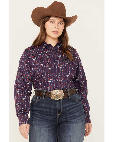 Image #1 - Ariat Women's R.E.A.L. Southwestern Print Long Sleeve Kirby Stretch Button Down Shirt - Plus, Navy, hi-res