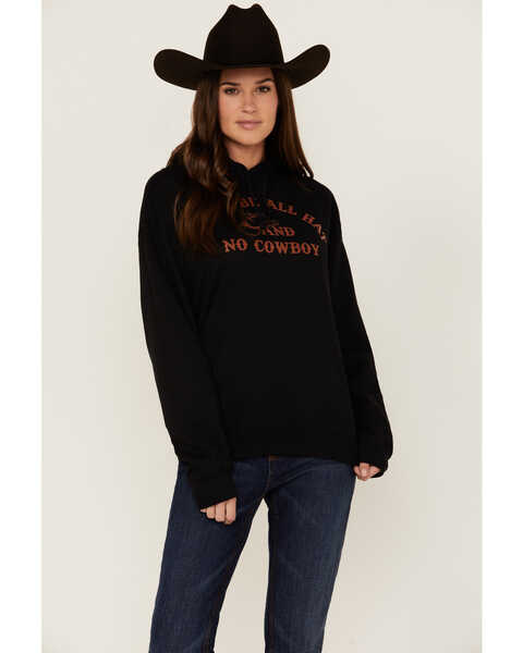 Goodie Two Sleeves Women's Don't Be All Hat & No Cowboy Black Graphic Hoodie, Black, hi-res