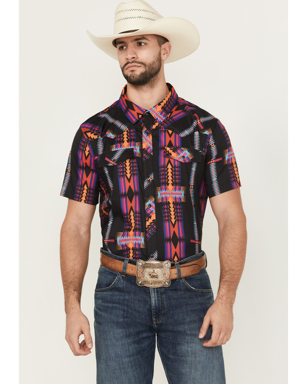Image #1 - Rock & Roll Denim Men's Boot Barn Exclusive TEK Southwestern Striped Short Sleeve Snap Shirt, Black, hi-res