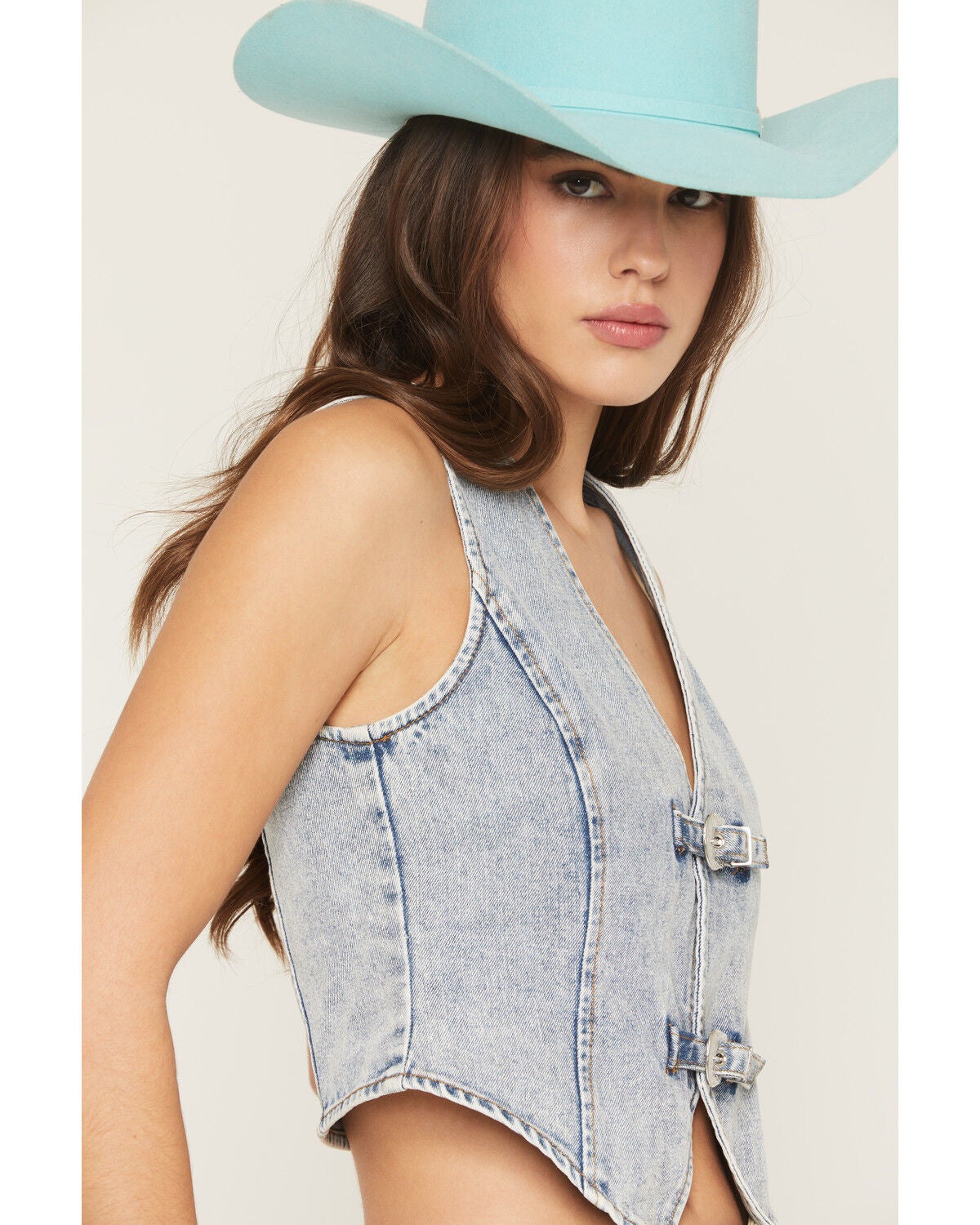Image #2 - Ashley Women's Boot Barn Exclusive Buckle Front Denim Vest, Light Blue, hi-res