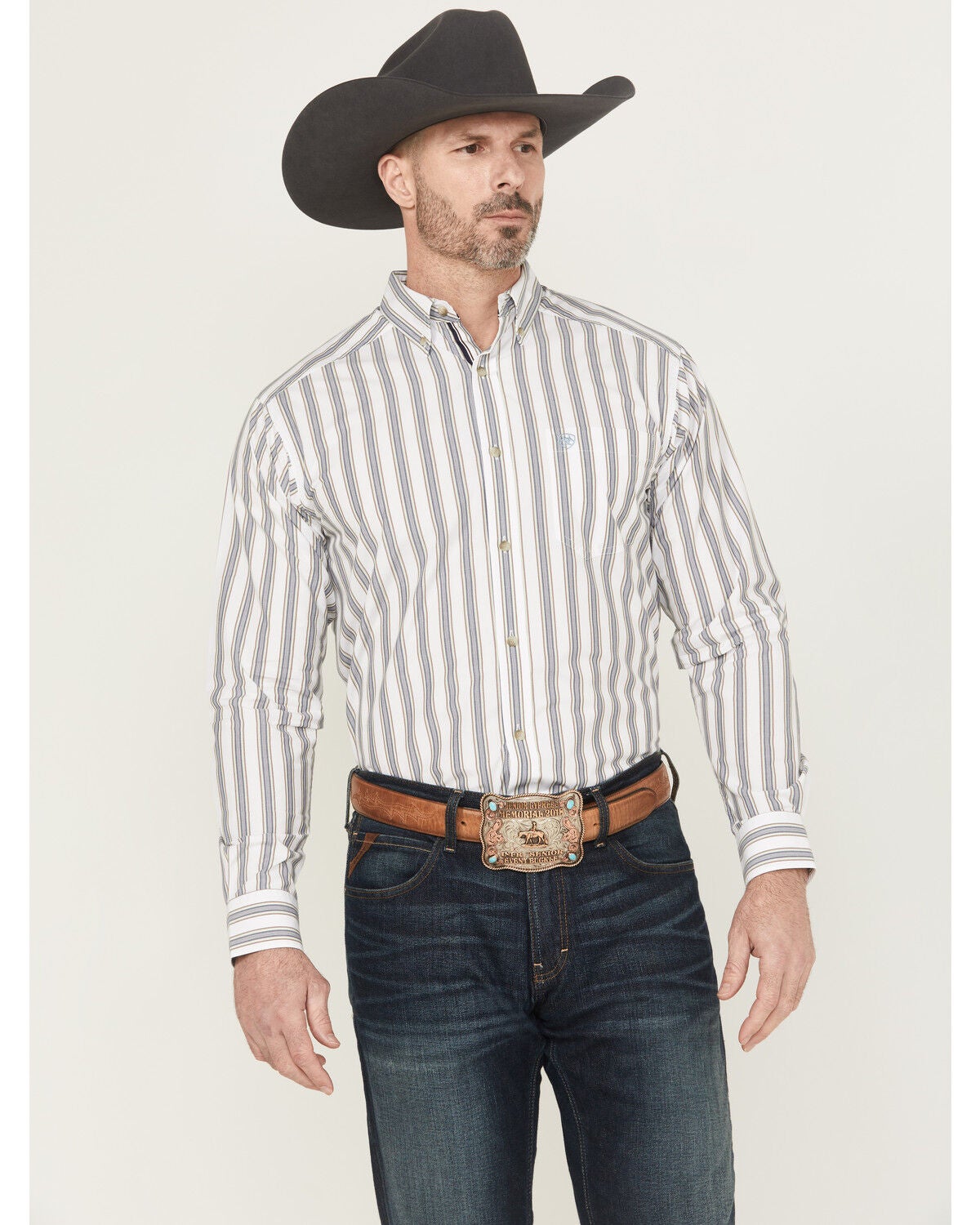 Ariat Men's Cohen Pro Series Striped Print Long Sleeve Button-Down Stretch Western Shirt, White, hi-res