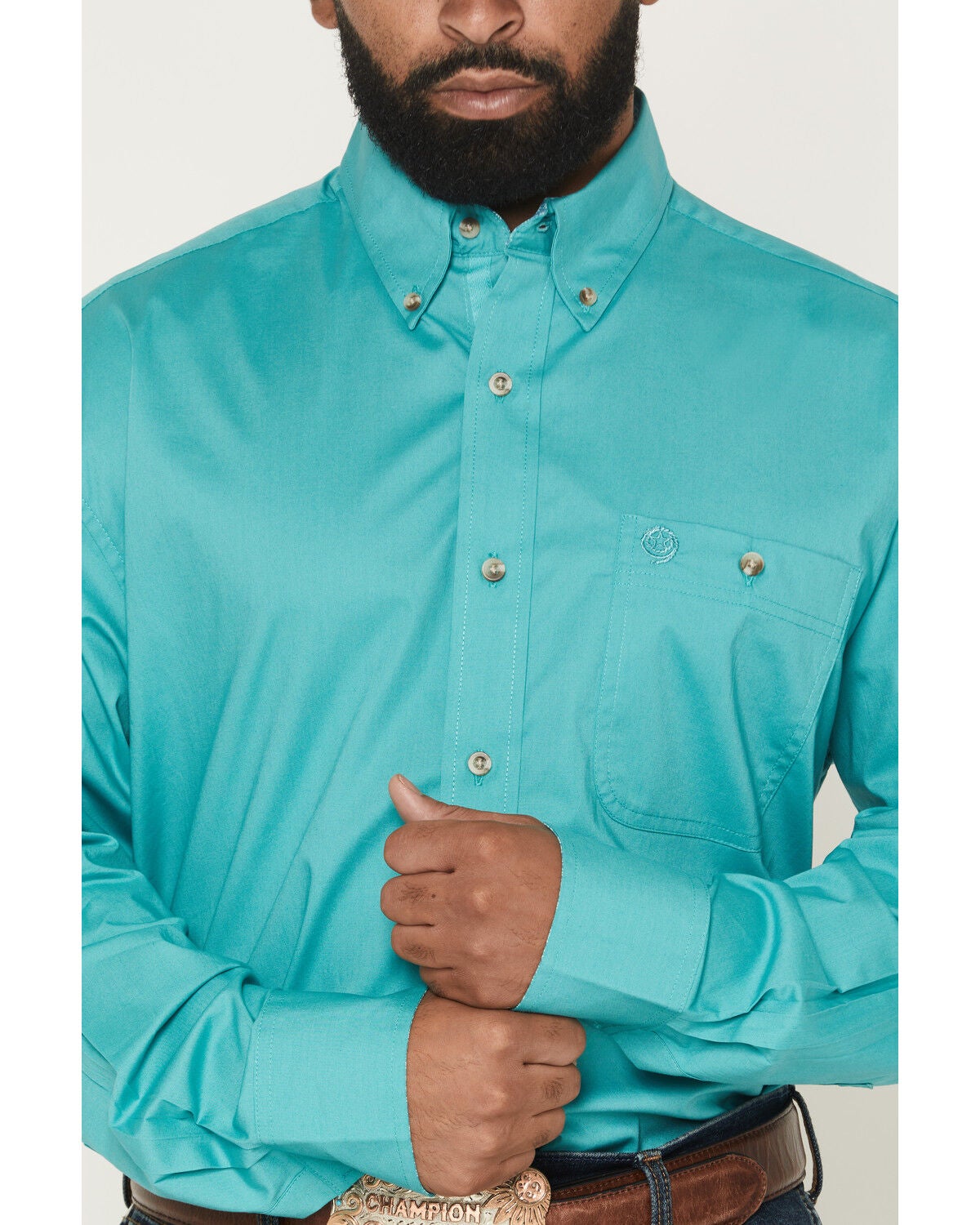 Image #3 - George Strait by Wrangler Men's Solid Long Sleeve Button-Down Stretch Western Shirt - Big, Teal, hi-res