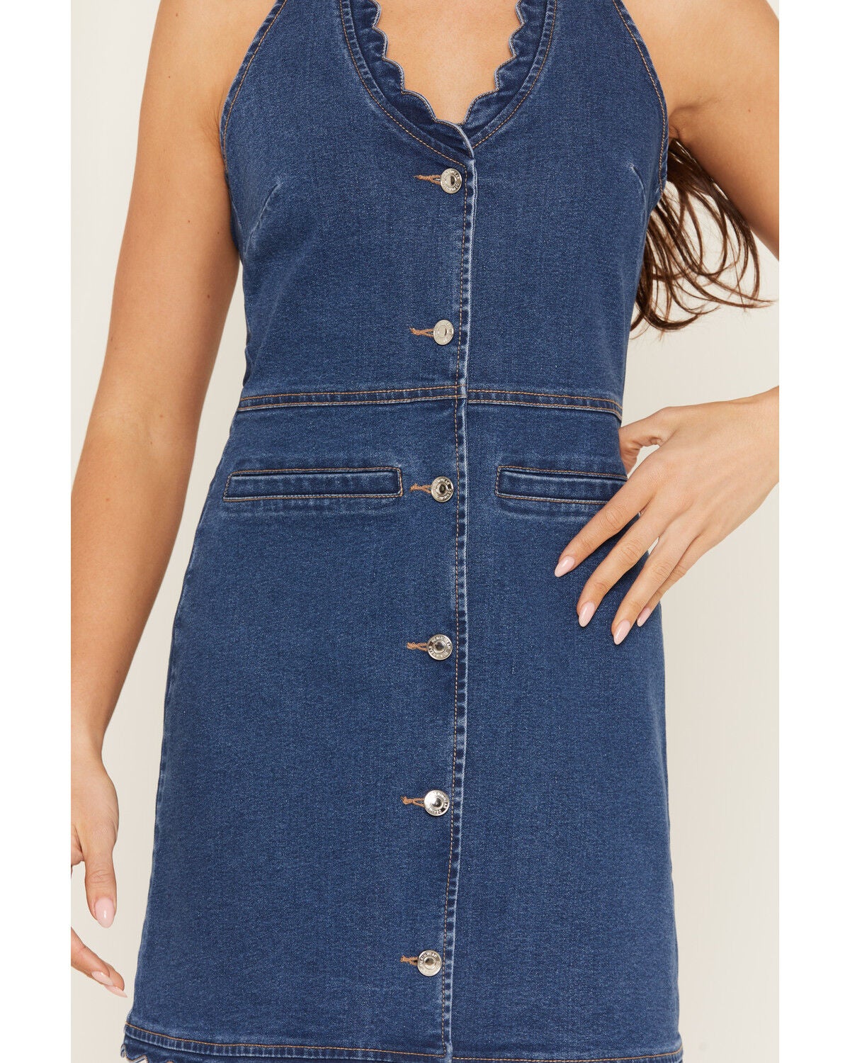 Image #3 - 26 International Women's Medium Wash Scalloped Halter Denim Mini Dress, Medium Wash, hi-res