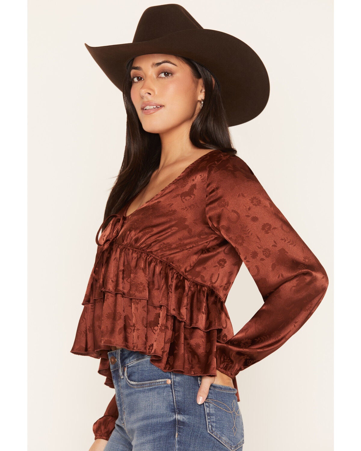 Image #2 - Wild Moss Women's Western Jacquard Front Tie Blouse, Rust Copper, hi-res