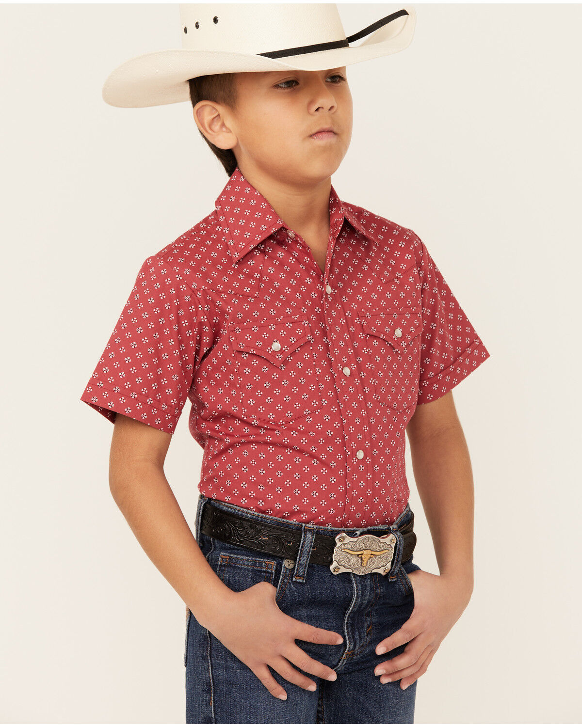 Image #2 - Ely Walker Boys' Bandana Print Short Sleeve Pearl Snap Western Shirt, Red, hi-res