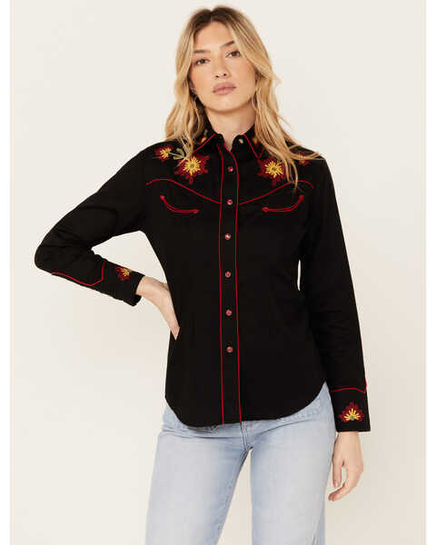 Rockmount Ranchwear Women's Vintage Floral Embroidered Long Sleeve Snap Western Shirt , Black, hi-res