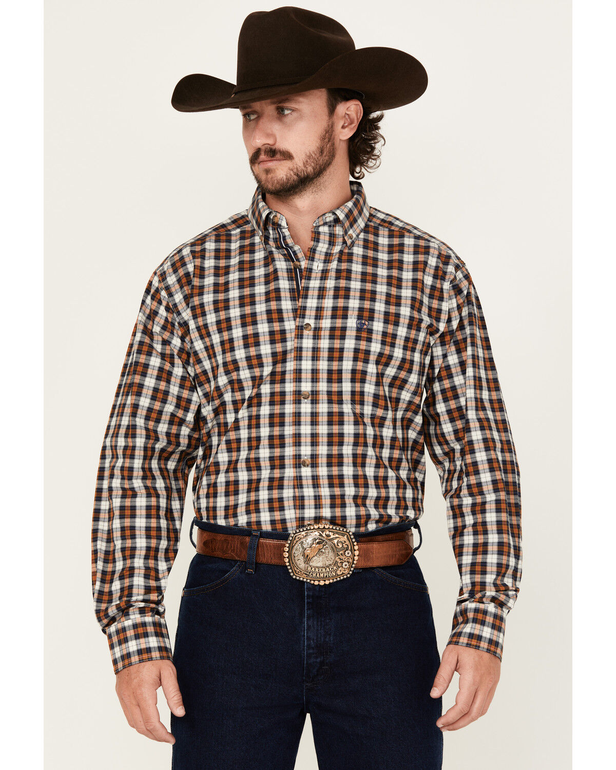 Image #1 - Ariat Pro Men's Thomas Plaid Print Long Sleeve Button-Down Western Shirt, Dark Blue, hi-res