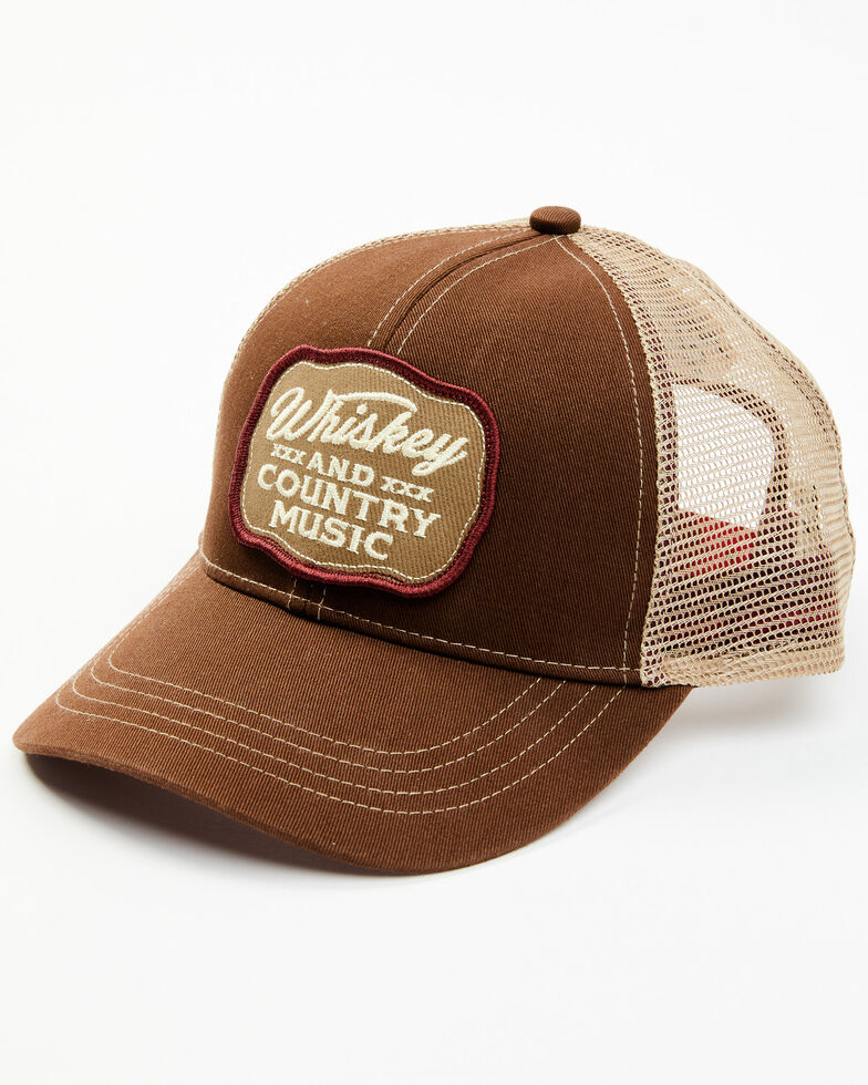 Moonshine Spirit Men's Whiskey & Country Music Patch Mesh Back Trucker Cap, Brown, hi-res