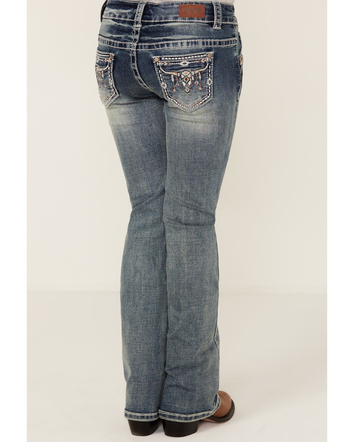 Image #3 - Shyanne Girls' Light Wash Steer Head Pocket Bootcut Stretch Denim Jeans, Medium Wash, hi-res