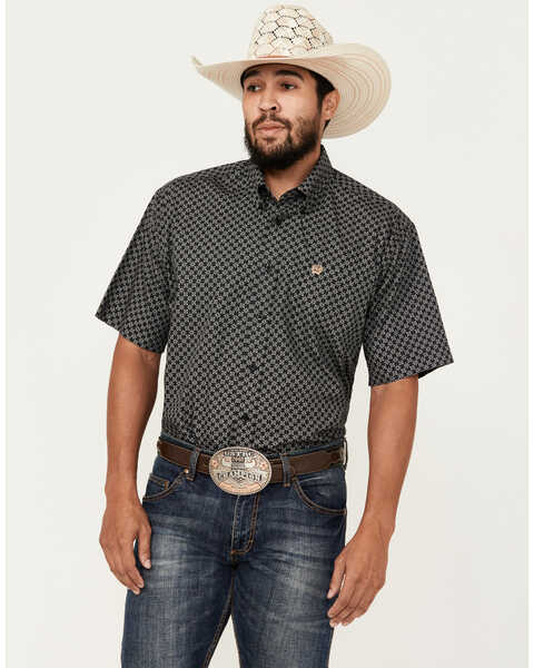 Cinch Men's Geo Print Short Sleeve Button-Down Western Shirt, Black, hi-res