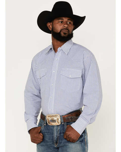 Image #1 - Wrangler Men's Striped Print Long Sleeve Snap Western Shirt , Blue, hi-res