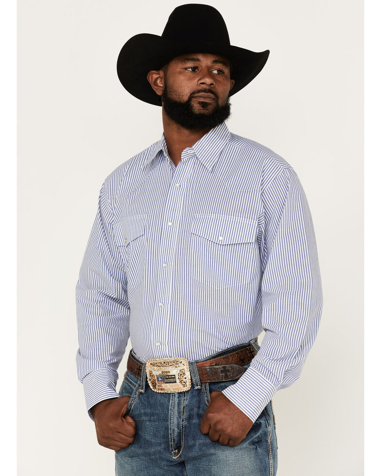 Wrangler Men's Wrinkle Free Stripe Snap Western Shirt , Blue, hi-res