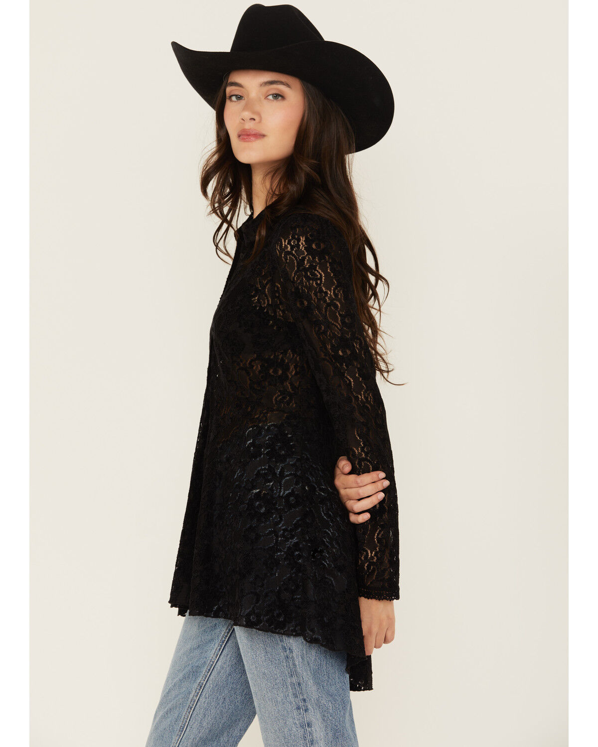 Image #2 - Beyond The Radar Women's Velvet Lace Long Sleeve Tunic, Black, hi-res