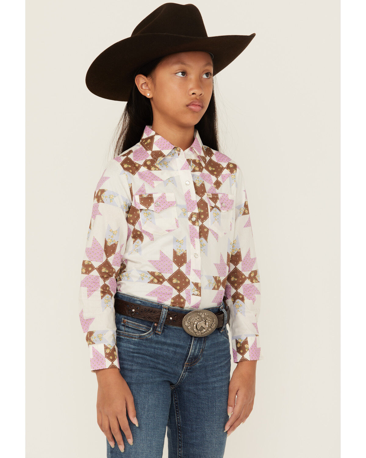 Image #1 - Cowboygirl by Jenna Paulette Girls' Patchwork Print Long Sleeve Pearl Snap Western Shirt, White, hi-res