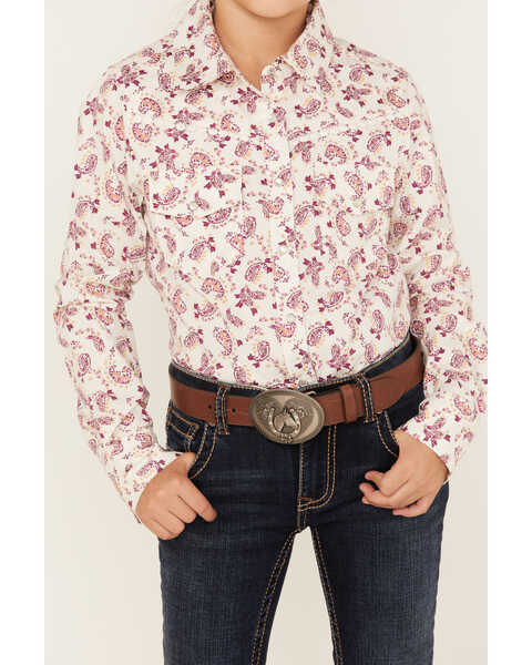 Image #3 - Shyanne Girls' Floral Paisley Print Long Sleeve Western Pearl Snap Shirt, Ivory, hi-res