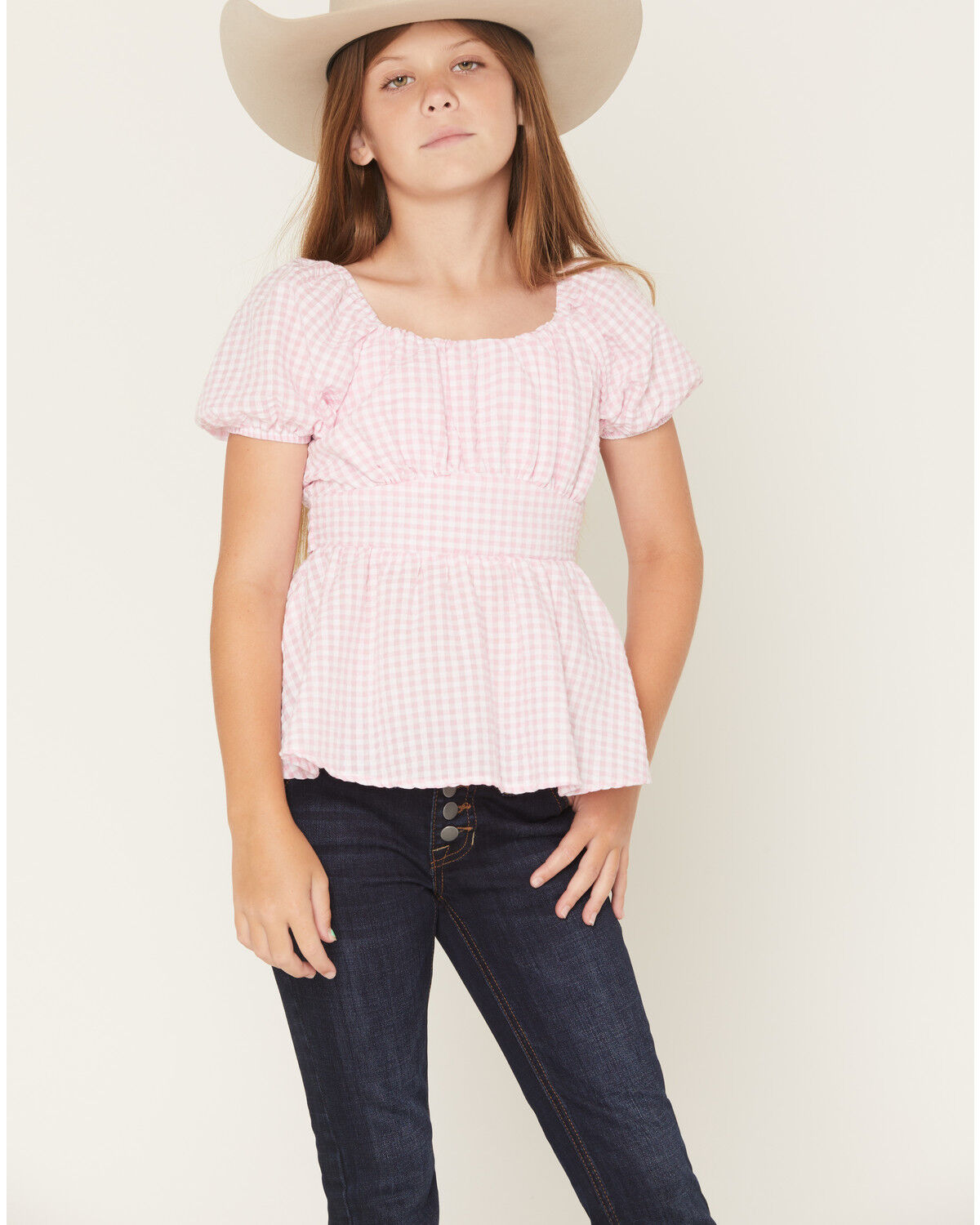 Image #1 - Originality Girls' Emma Gingham Short Puff Sleeve Ruffle Shirt, Pink, hi-res