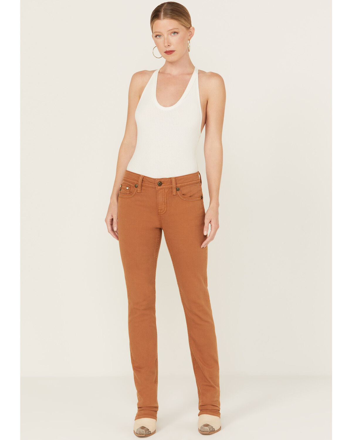 Image #1 - Miss Me Women's Mid Rise Straight Stretch Denim Jeans, Camel, hi-res