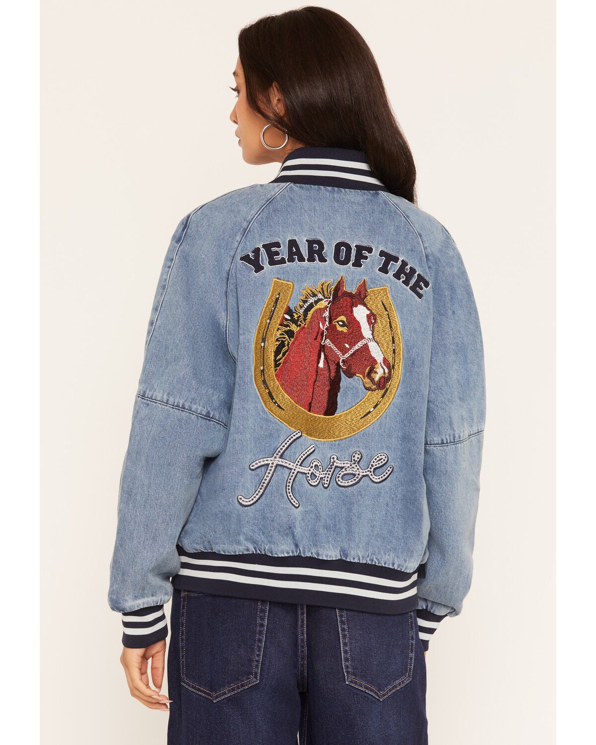 Image #4 - Rodeo Quincy X Boot Barn Women's Year of the Horse Denim Bomber Jacket, Medium Wash, hi-res