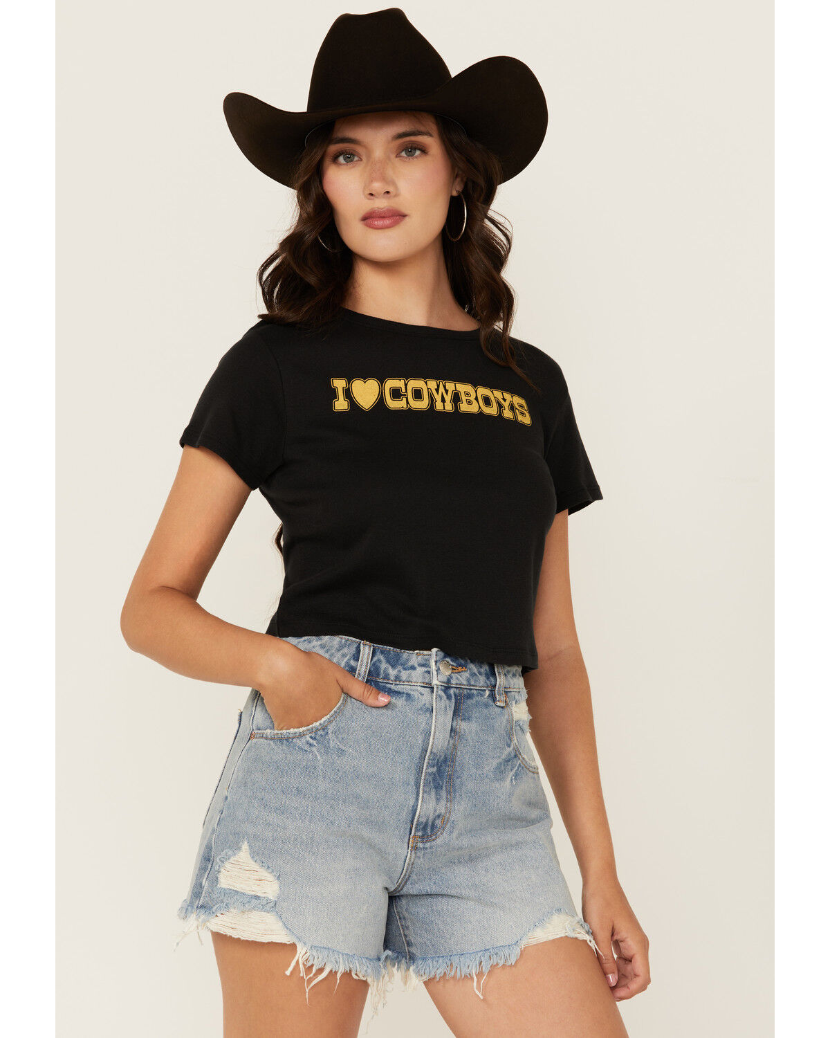 Image #1 - Girl Dangerous Women's I Heart Cowboys Graphic Baby Tee, Black, hi-res