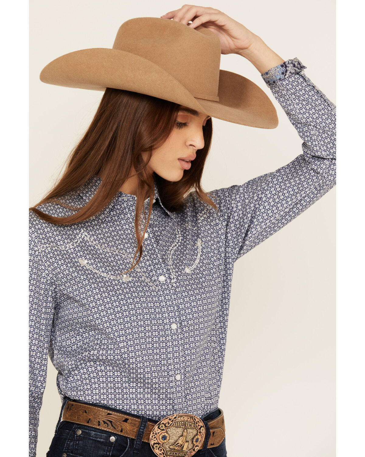 Image #2 - Panhandle Women's Geo Print Long Sleeve Snap Stretch Western Shirt, Navy, hi-res