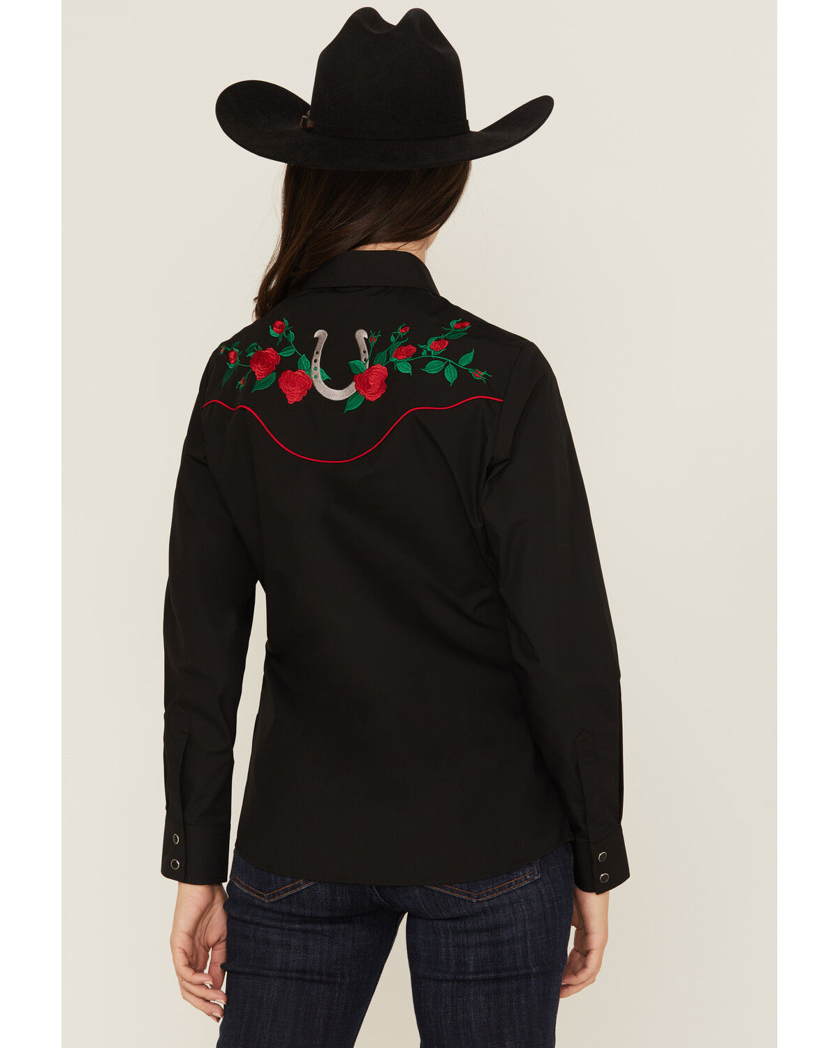 Image #4 - Rodeo Clothing Women's Rose Embroidered Long Sleeve Snap Western Shirt, Black, hi-res