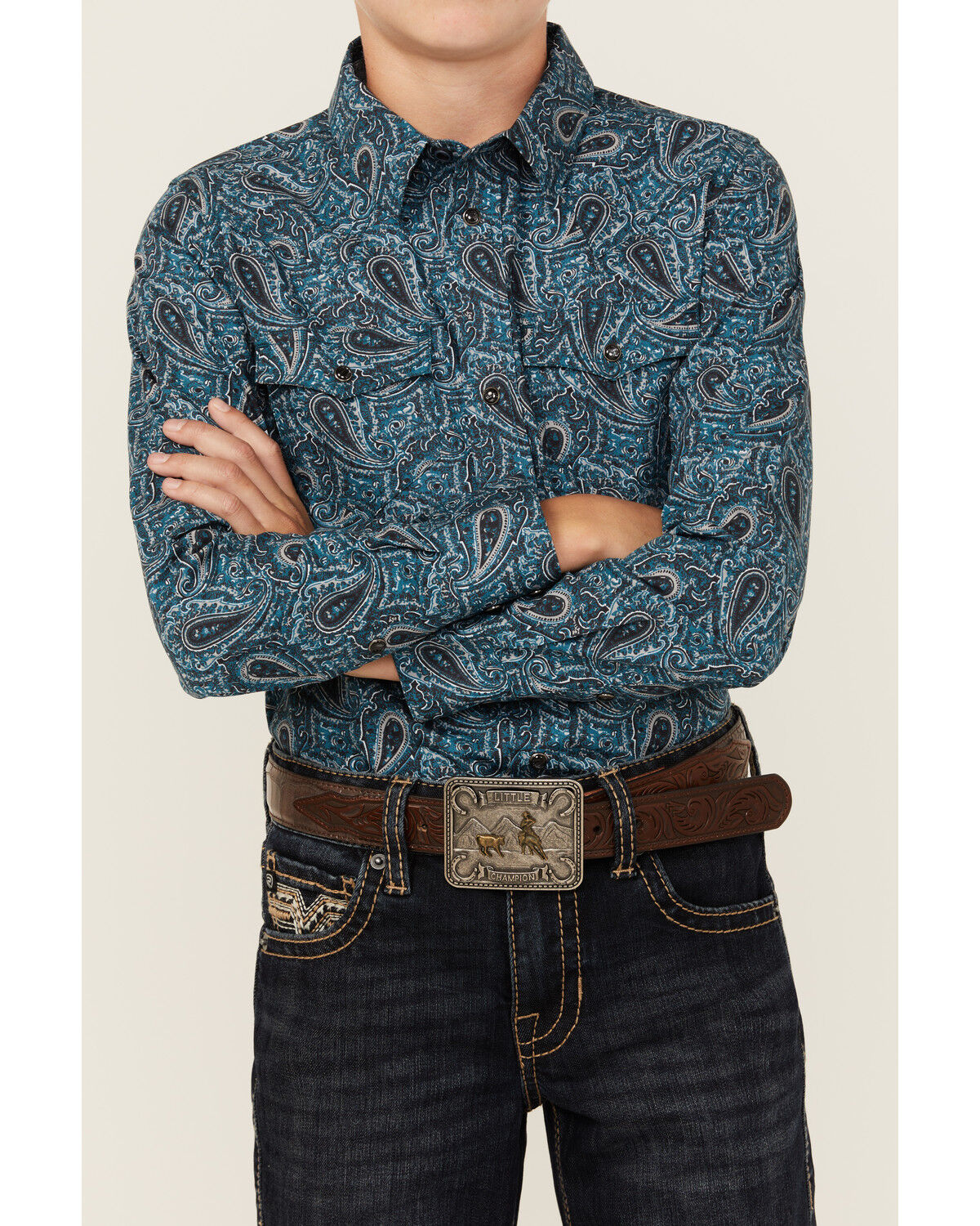 Image #3 - Cody James Boys' Lasso Paisley Print Long Sleeve Snap Western Shirt, Blue, hi-res