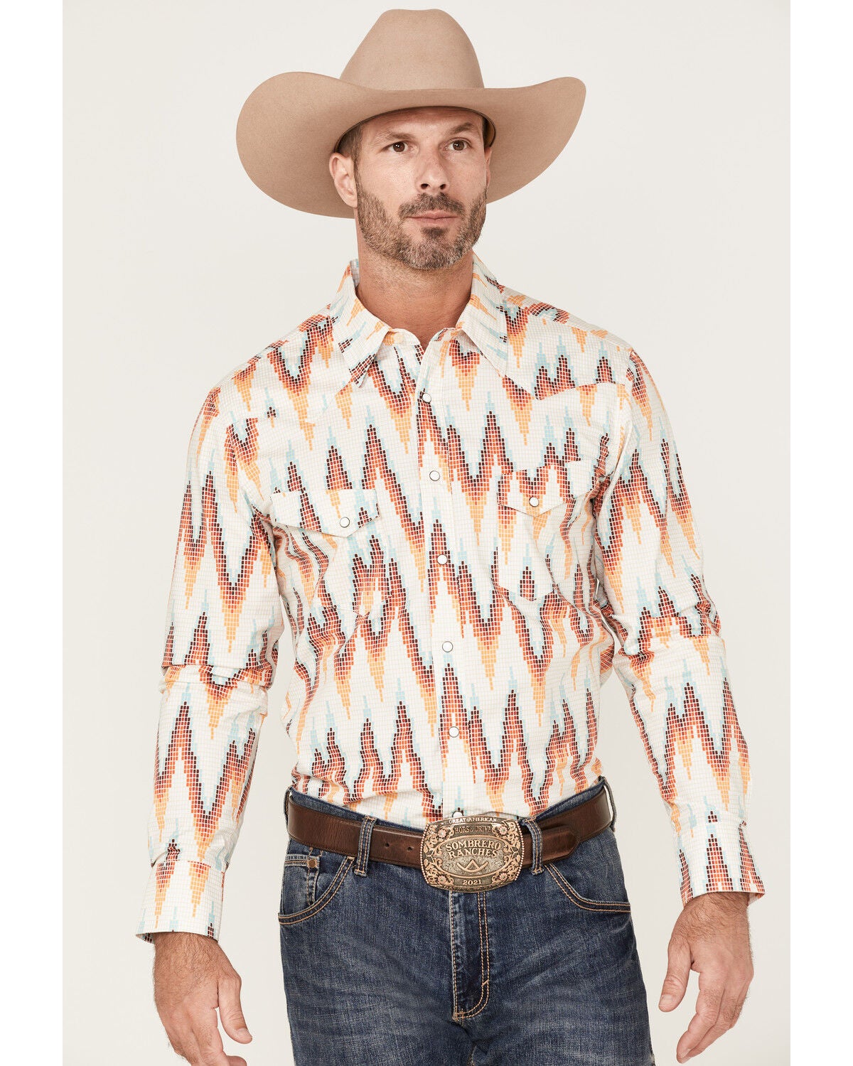 Dale Brisby Men's All-Over Digtal Print Long Sleeve Snap Western Shirt, Natural, hi-res