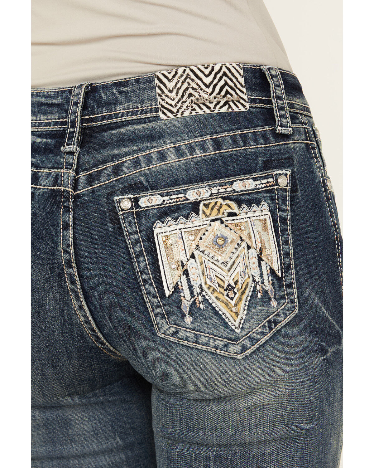Image #2 - Grace in LA Women's Medium Wash Mid Rise Geometric Bird Bootcut Jeans, Medium Wash, hi-res