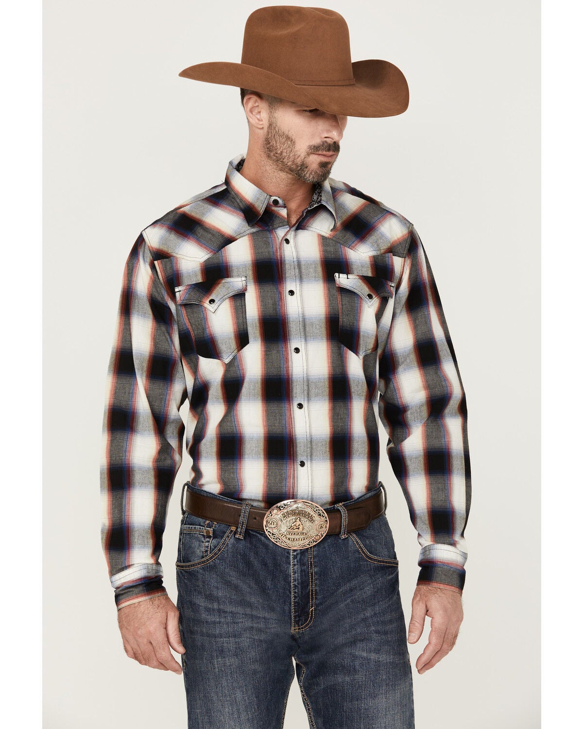Roper Men's Large Ombre Plaid Long Sleeve Snap Western Shirt, Black, hi-res