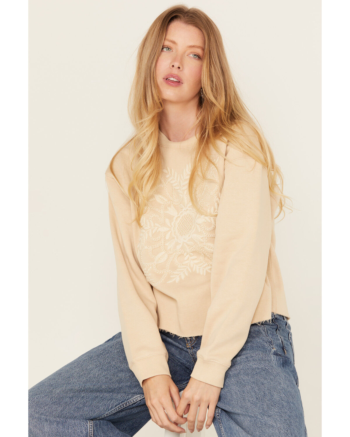 Image #1 - Cleo + Wolf Women's Floral Embroidered Long Sleeve Pullover, Oatmeal, hi-res