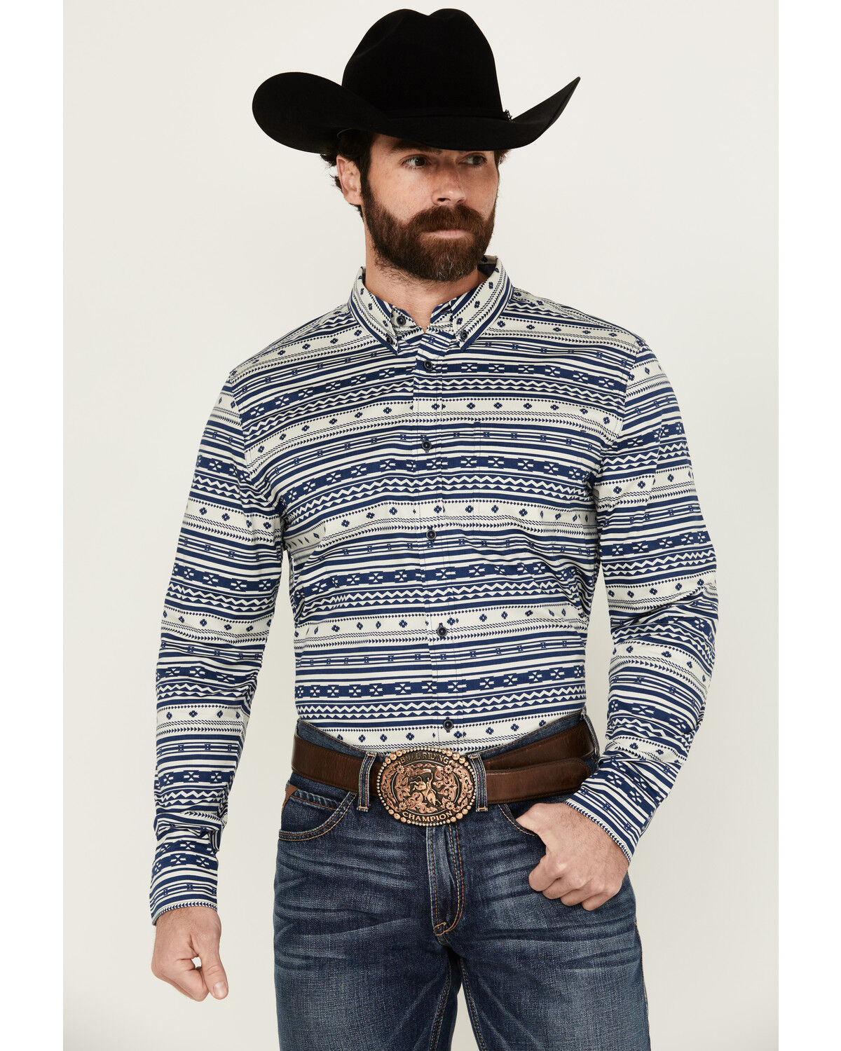 Image #1 - Cody James Men's Falcon Southwestern Striped Print Long Sleeve Button-Down Stretch Western Shirt, Blue, hi-res