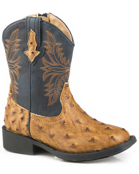 Image #1 - Roper Toddler Boys' Cowboy Cool Faux Ostrich Western Boots - Broad Square Toe, Tan, hi-res