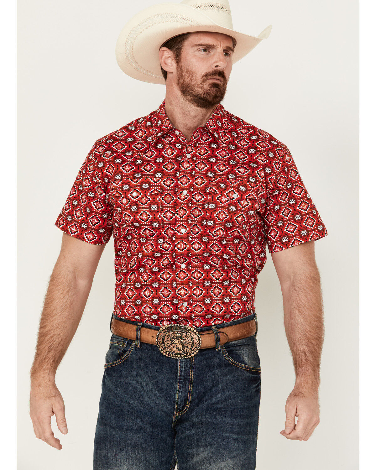 Image #1 - Rodeo Clothing Men's Southwestern Print Short Sleeve Pearl Snap Stretch Western Shirt, Red, hi-res