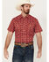 Image #1 - Rodeo Clothing Men's Southwestern Print Short Sleeve Pearl Snap Stretch Western Shirt, Red, hi-res