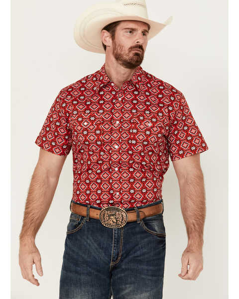 Rodeo Clothing Men's Southwestern Print Short Sleeve Pearl Snap Stretch Western Shirt , Red, hi-res