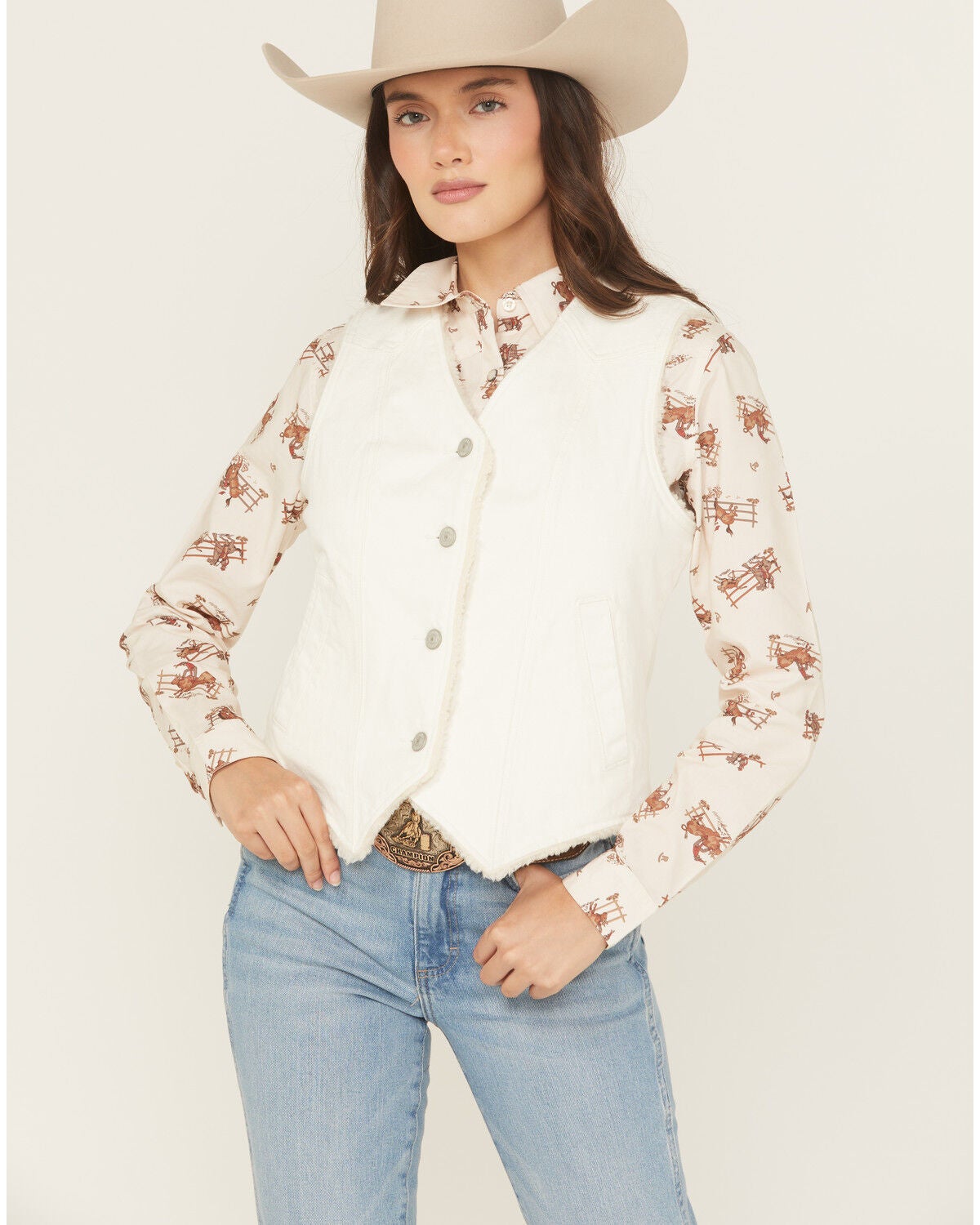 Image #1 - Shyanne Women's Sherpa Lined Button-Down Denim Vest, Off White, hi-res