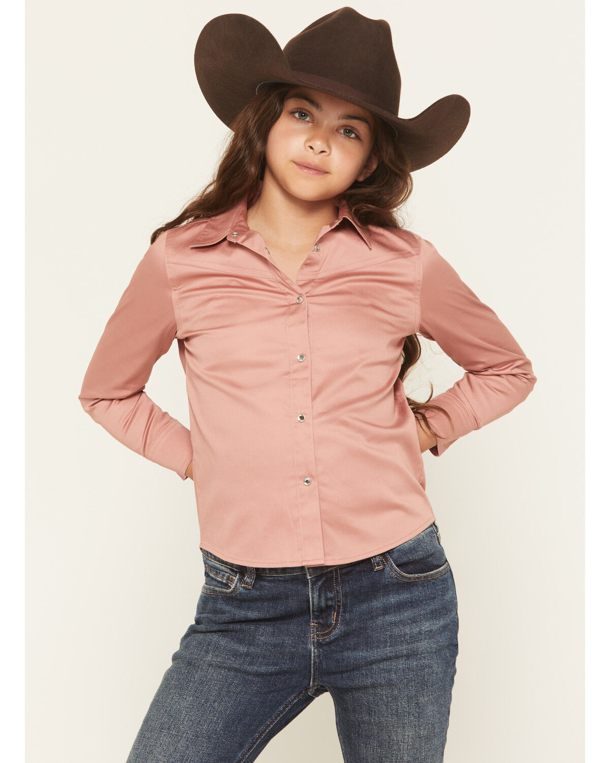 Image #1 - Shyanne Girls' Solid Long Sleeve Rhinestone Snap Stretch Western Shirt, Mauve, hi-res