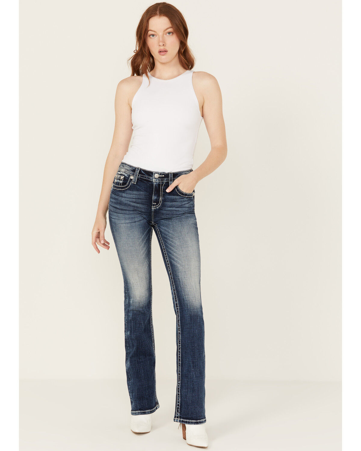 Image #3 - Miss Me Women's Dark Wash Cross Pocket Mid Rise Bootcut Stretch Denim Jeans, Dark Wash, hi-res