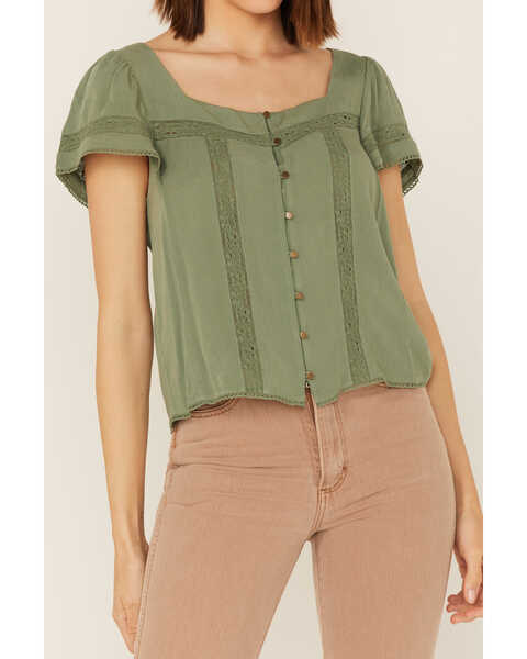 Image #3 - Jolt Women's Lace Trim Button-Down Shirt, Olive, hi-res