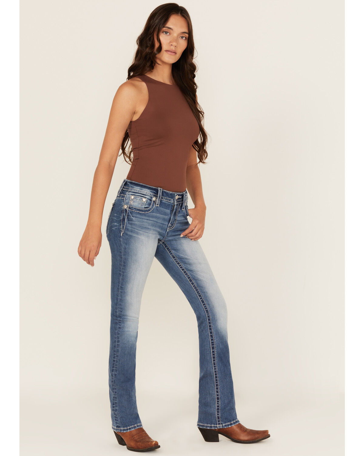 Image #3 - Miss Me Women's Medium Wash Mid Rise Steer Head Bootcut Stretch Denim Jeans, Medium Wash, hi-res