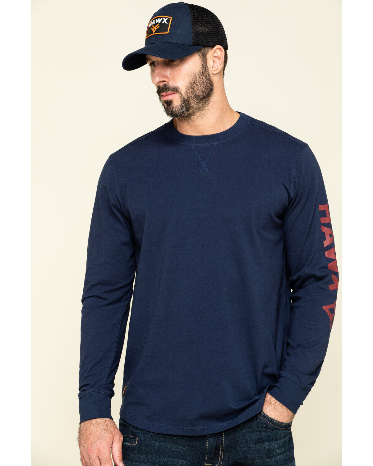 Image #1 - Hawx Men's Navy Sleeve Logo Long Sleeve Work T-Shirt, Navy, hi-res