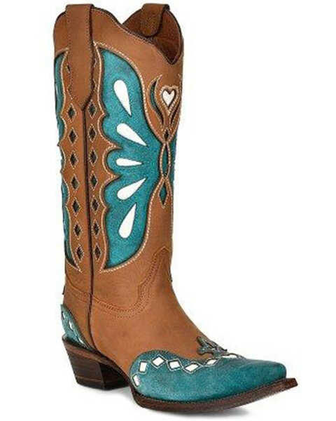 Circle G by Corral Women's Wing Inlay Western Boots - Snip Toe, Tan/turquoise, hi-res