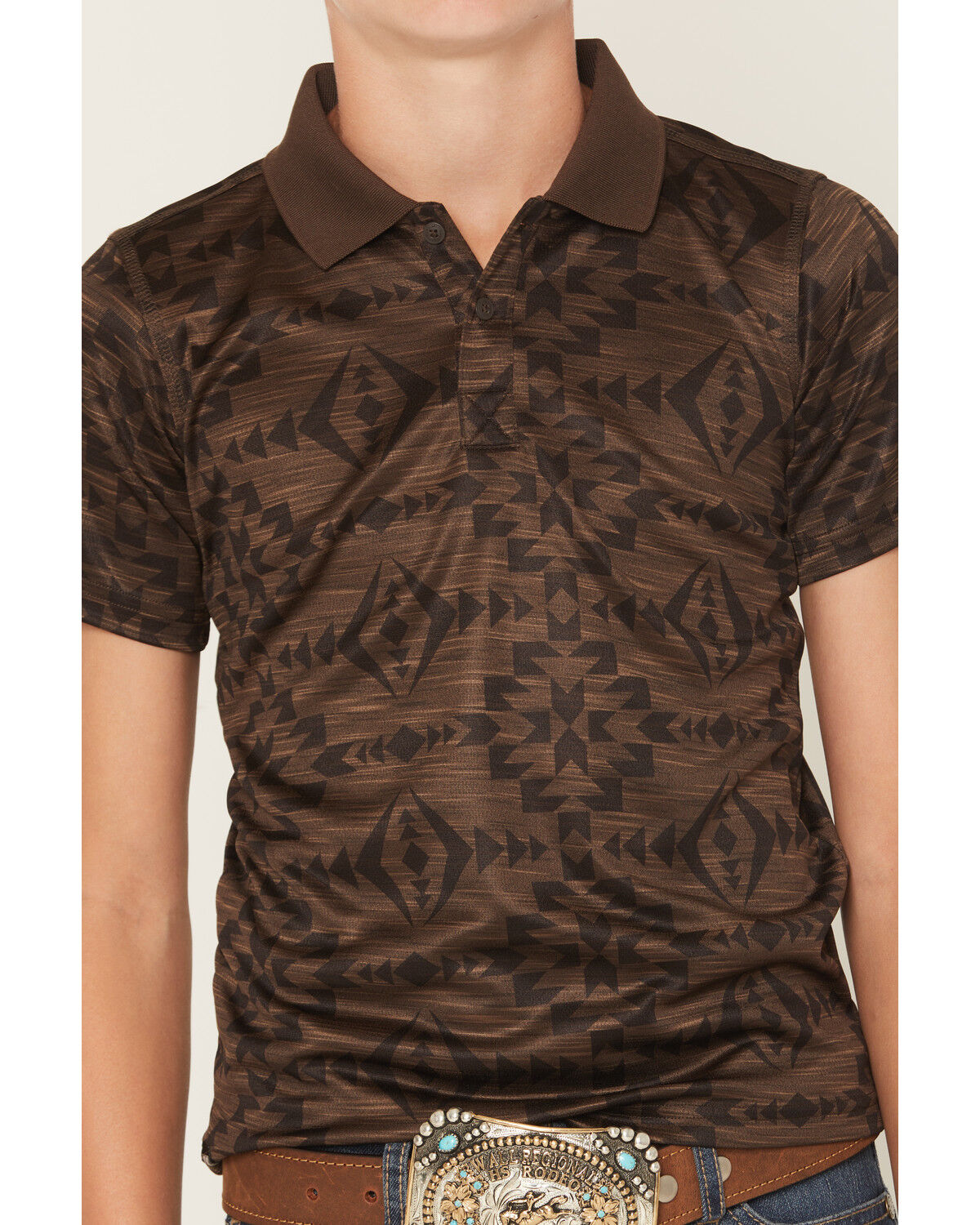 Image #3 - RANK 45® Boys' Tonal Southwestern Short Sleeve Button-Down Polo Shirt, Coffee, hi-res