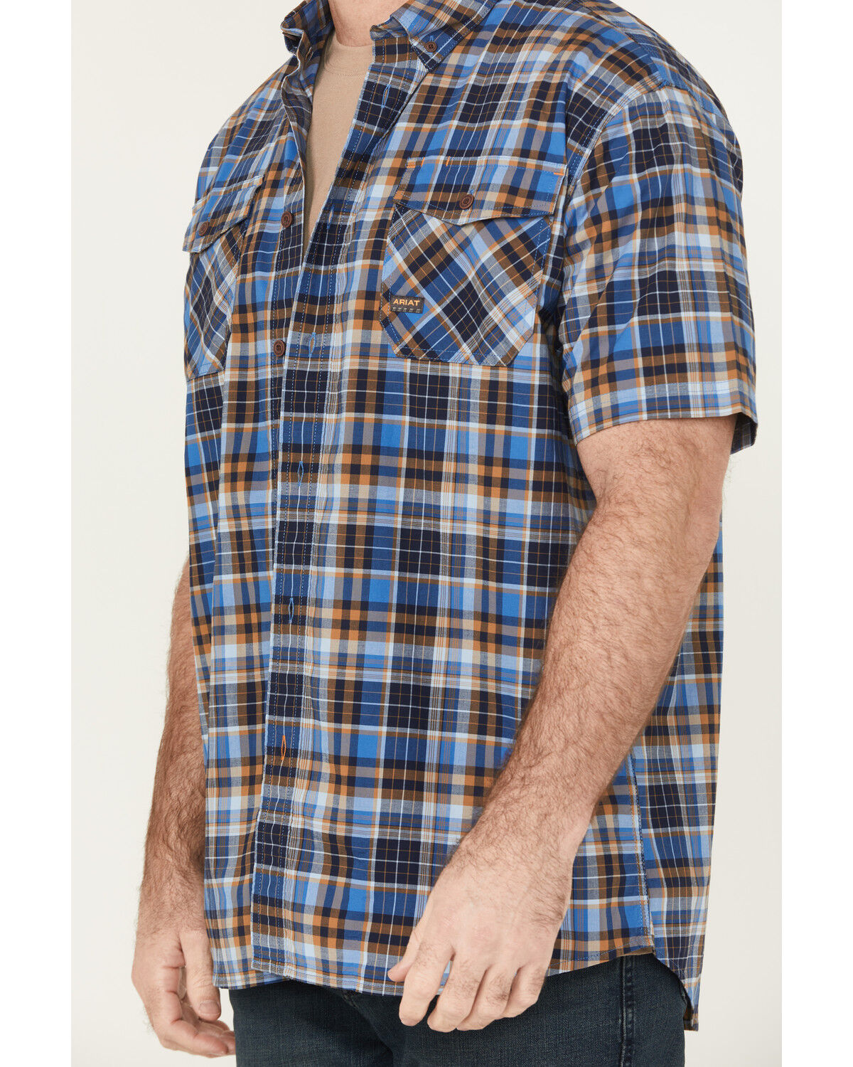 Image #3 - Ariat Men's Rebar Made Tough Short Sleeve Button-Down Stretch Work Shirt, Blue, hi-res