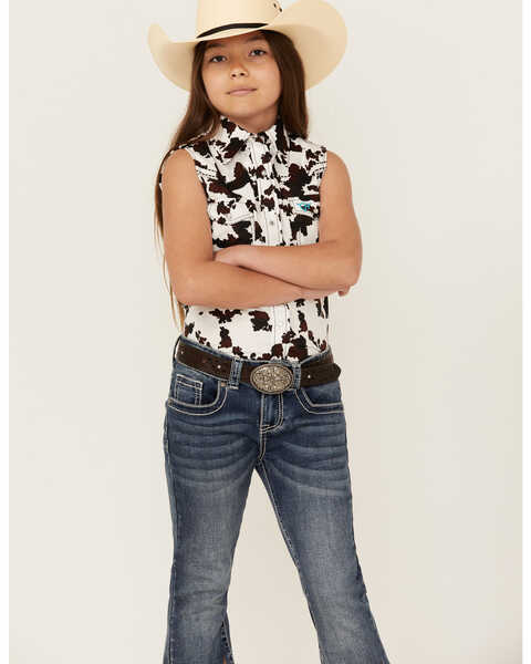 Cowgirl Hardware Girls' Cow Print Sleeveless Snap Western Shirt , White, hi-res