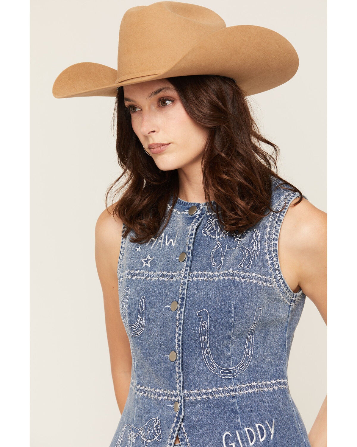 Image #2 - Blue B Women's Boot Barn Exclusive Embroidered Western Motif Denim Top, Medium Wash, hi-res