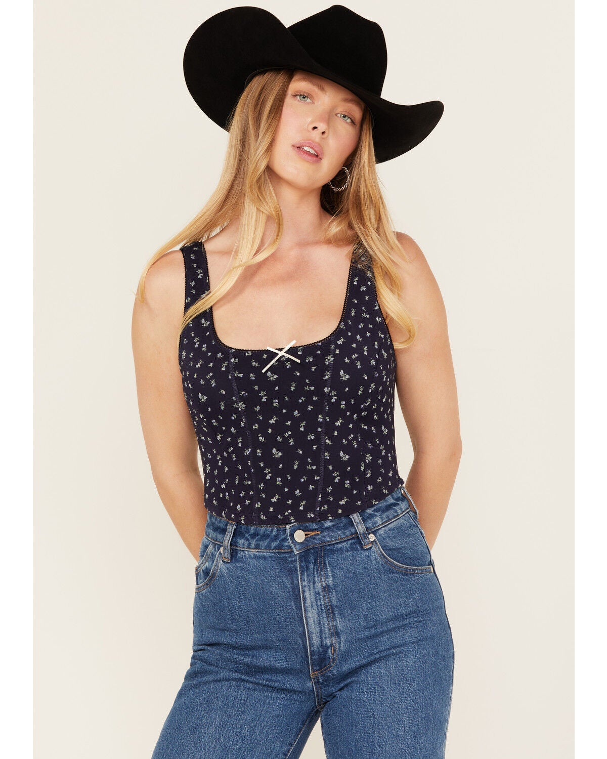 Originality Women's Floral Print Eyelet Cropped Corset Top, Navy, hi-res