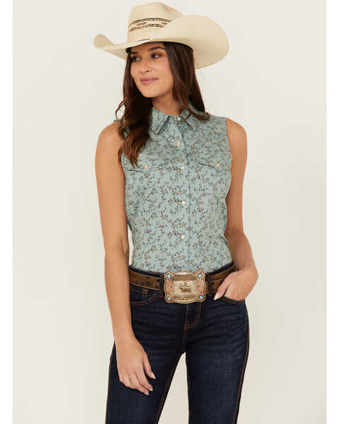 Wrangler Retro Women's Floral Print Sleeveless Pearl Snap Western Shirt , Slate, hi-res