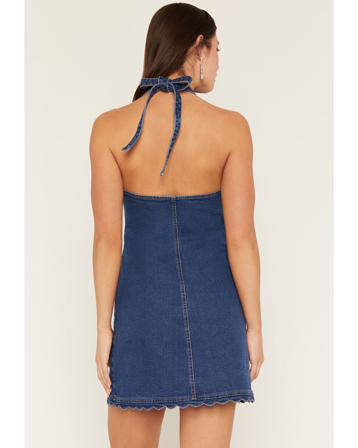 Image #4 - 26 International Women's Medium Wash Scalloped Halter Denim Mini Dress, Medium Wash, hi-res