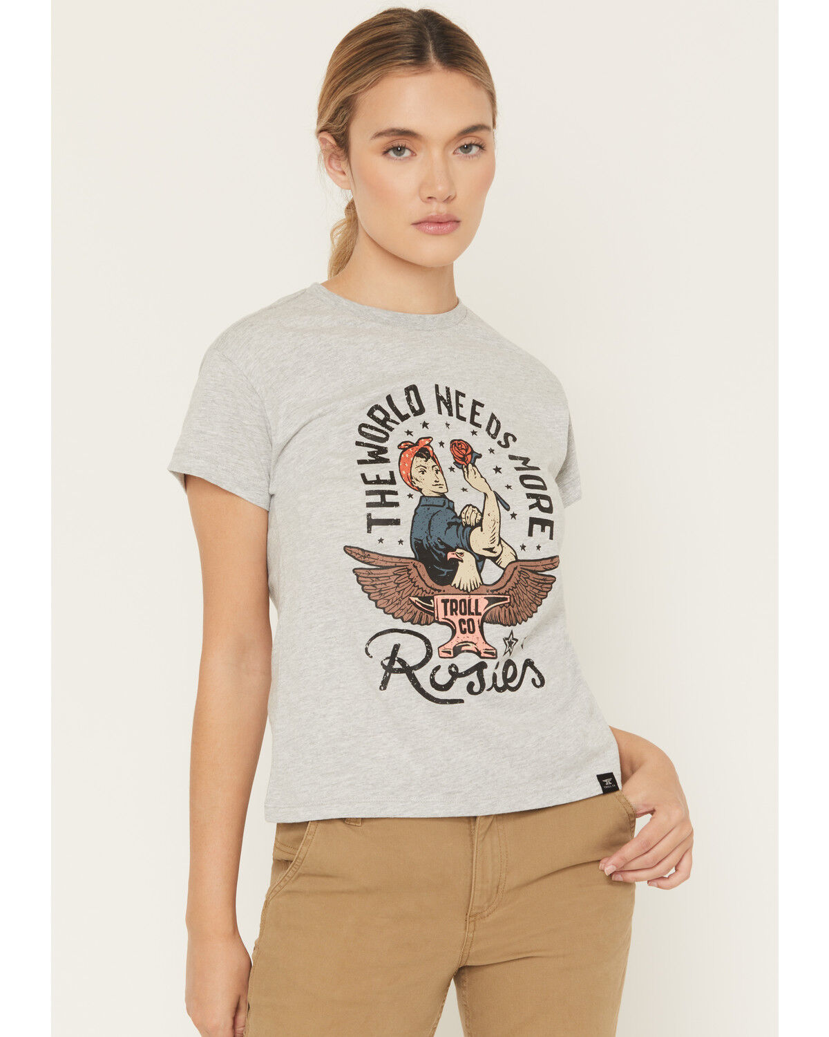 Image #1 - Troll Co Women's Rose Short Sleeve Graphic Tee, Heather Grey, hi-res